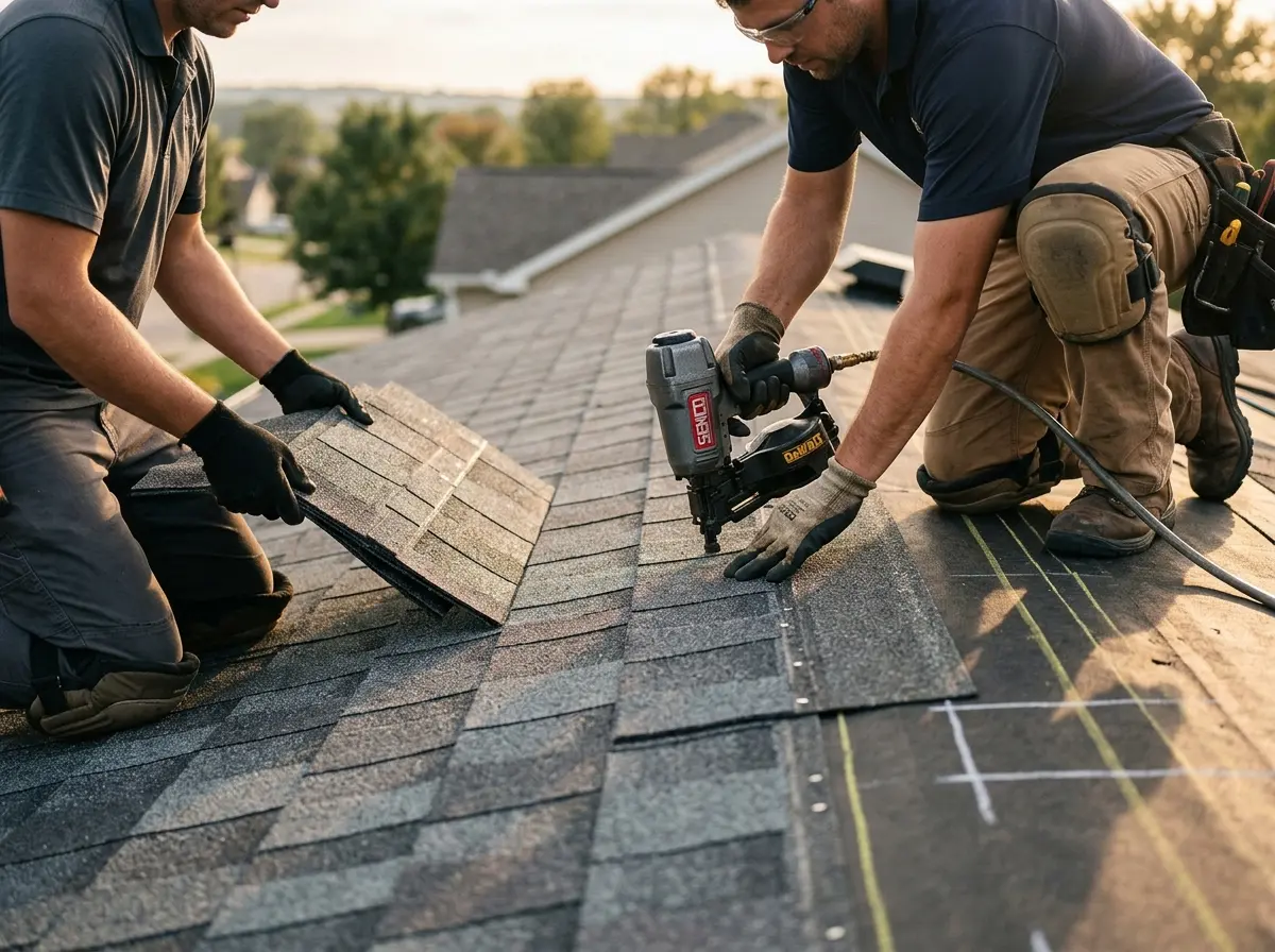 Professional roofer working on a residential roof in Burnt Mills